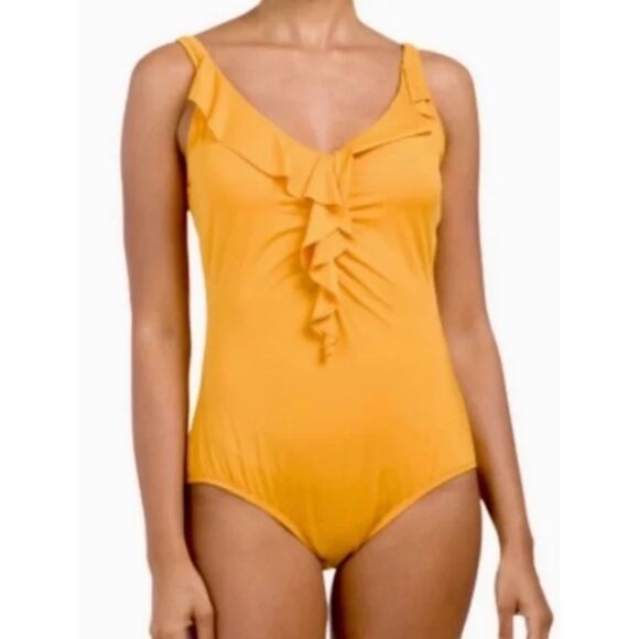 NEW Jantzen Womens Cascading Ruffle One Piece Swimsuit Marigold Yellow Size 10 - Picture 3 of 7